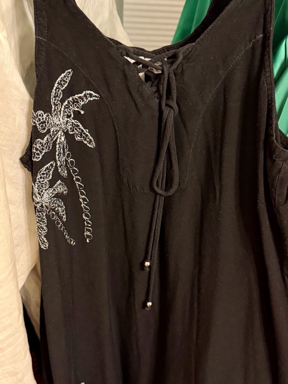 Black Lace-Up Tank Dress with White Embroidered Palm Motif